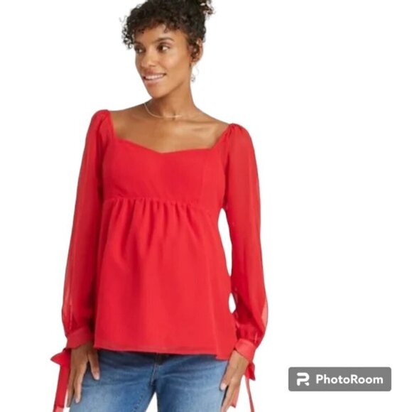Long Sleeve Corestry Woven Maternity Shirt - Isabel by Ingrid and Isabel Red Top - Picture 1 of 6